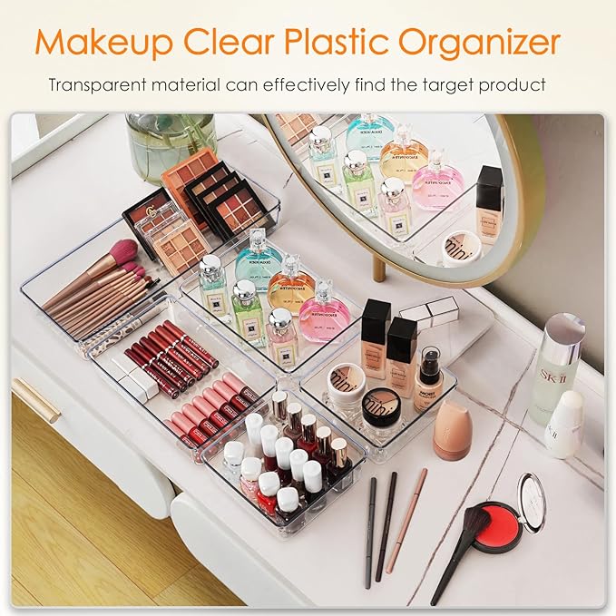 Criusia Drawer Organizer, 10 Pack Large Clear Plastic Set, 3 Size Versatile Bathroom and Vanity Organizer Trays, Storage Bins for Makeup, Bedroom, Kitchen Utensils