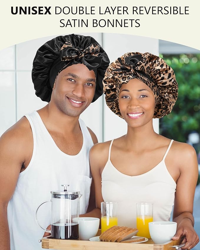 Satin Bonnet Silk Hair Wrap for Sleeping - Reversible Night Cap with Tie Band (Leopard + Black)