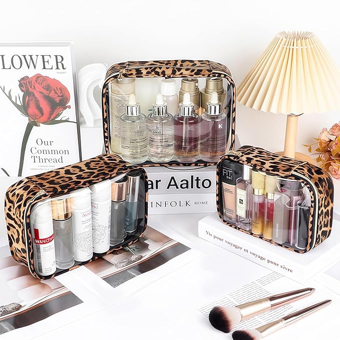 Clear Makeup Bags with Zipper, TSA Approved Travel Toiletry Bag, 3-Pack (Large, Small & Mini) Clear Cosmetic Bag, Waterproof Make Up Bag for Women, Car Bag Organizer & Car Organization Essentials