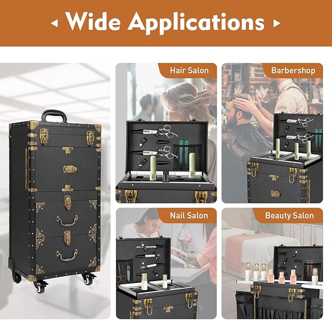 Rolling Makeup Train Case with Drawer, Lockable Hairstylist Traveling Case Stylist Storage Trolley, Beauty Salon Cosmetic Luggage Travel Organizer Tool Box with Hair Dryer Holder