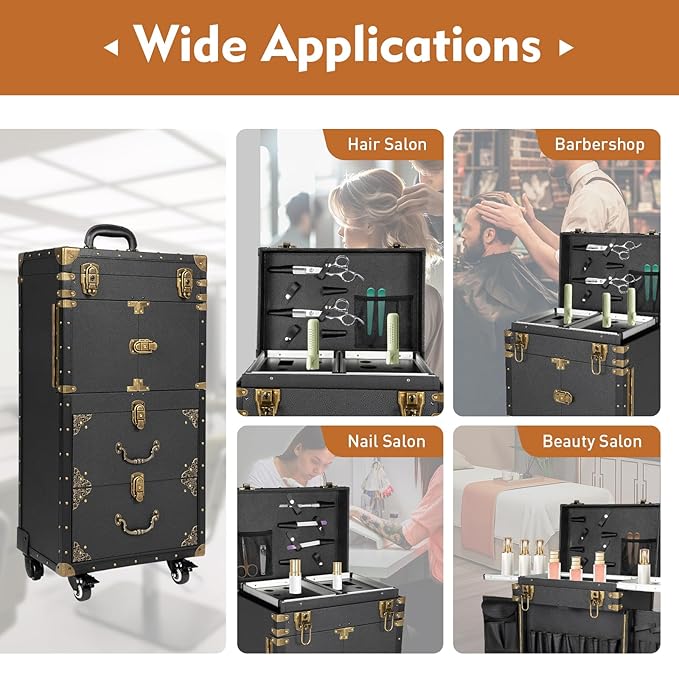 CNCEST Beauty Salon Luggage,Rolling Lockable Makeup Train Case Hairdressing Trolley Stylist Beauty Salon Cosmetic Luggage Travel Organizer Tool Box with Hair Dryer Holder