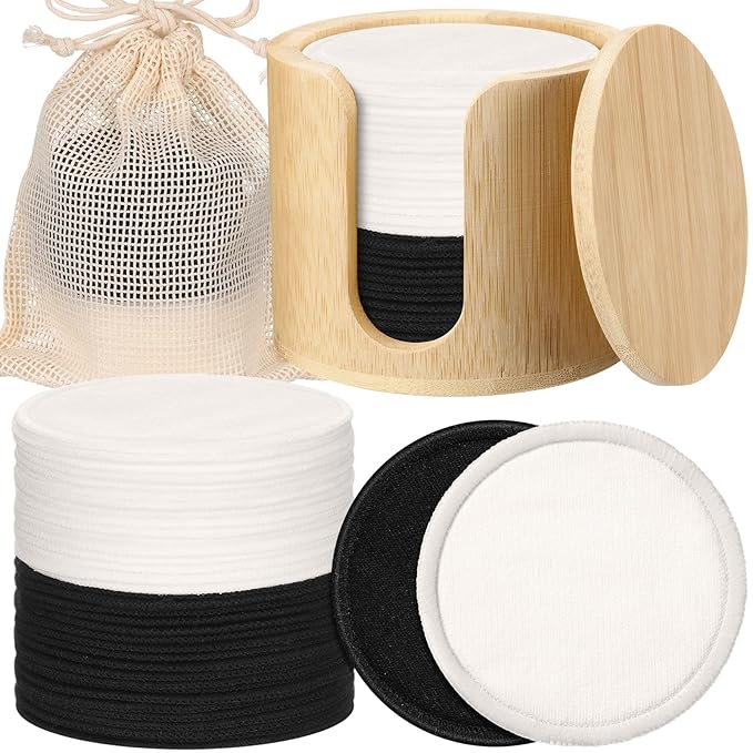Foaincore 40 Pcs Reusable Makeup Remover Pads with Mesh Storage Bag and Bamboo Box Washable Bamboo Cotton Rounds Soft Reusable Face Pad for Toner Skin Various Skin Care Products(Black White)