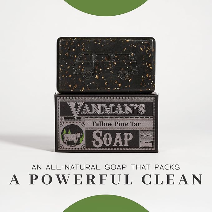 VanMan Tallow & Pine Tar Soap Bar – Grass-Fed Beef Tallow with Organic Oatmeal, Charcoal & Essential Oils – Exfoliating Face & Body Soap, 3.8oz - 1 Pack