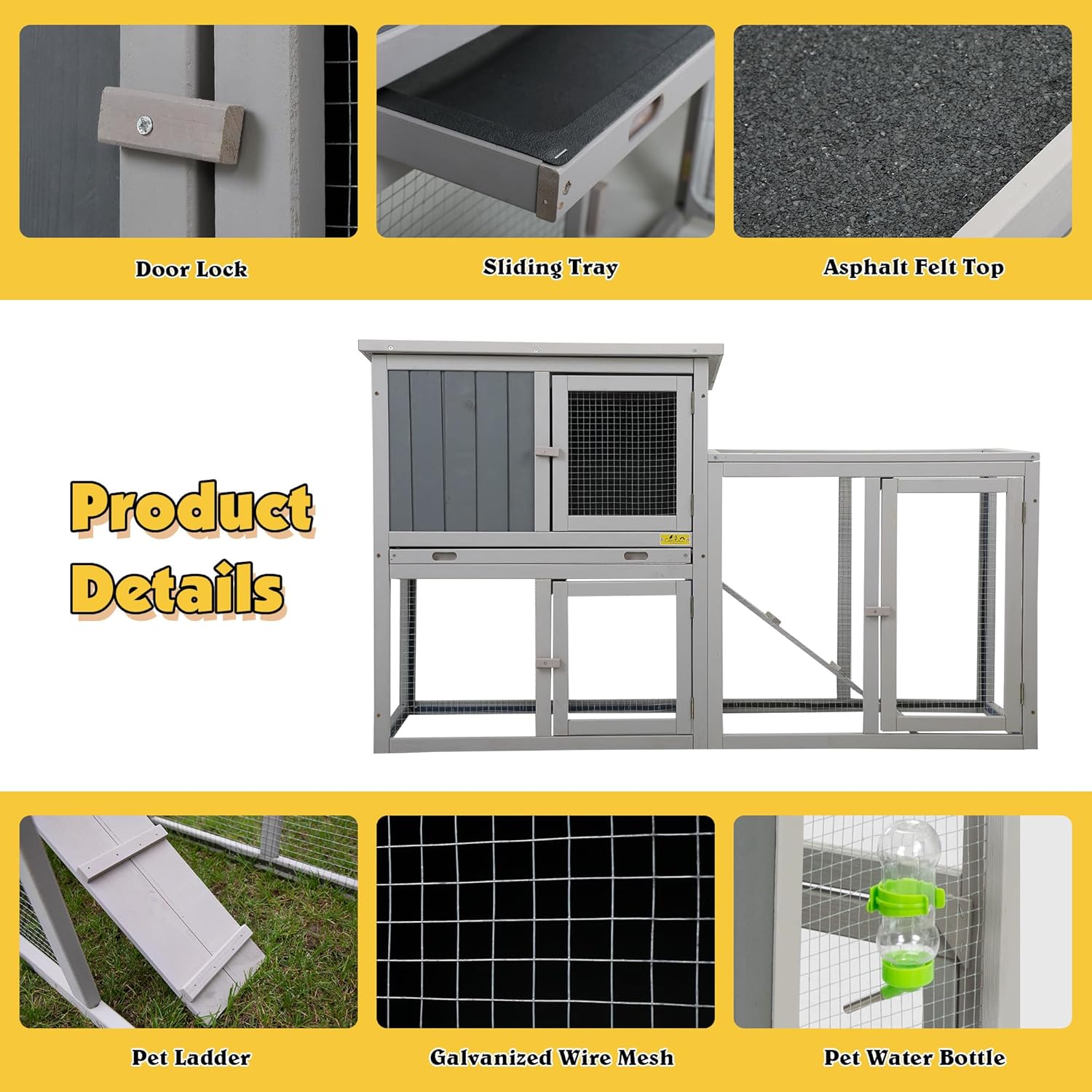 Assembled Wooden Indoor & Outdoor Rabbit Hutch, 2 Story Small Animal House Habitat, Durable Pet Bunny House Cage with Cleaning Tray, for Bunny Chick Duck Hamster (Grey)