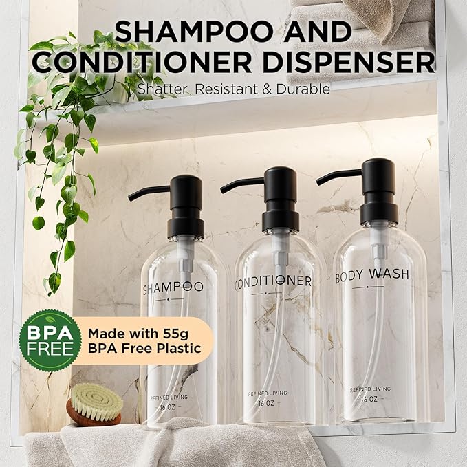 Shampoo and Conditioner Dispenser Set,3 Refillable 16oz Bottles with Stainless Steel Pumps – Shower Soap Dispensers for Bathroom, Hotel or Airbnb (Transparent, 3-Pack)