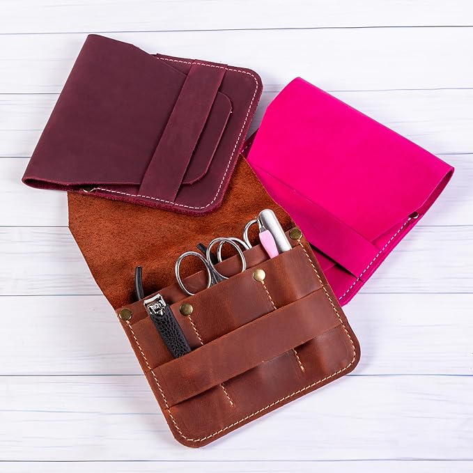 Leather Manicure Set Case Grooming Kit Organizer (Fuchsia)