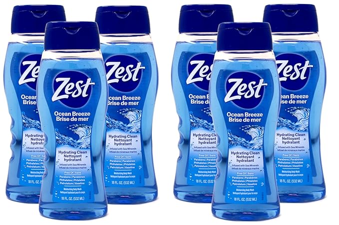 Zest Body Wash - Enriched with Sea Minerals - Invigorating Scent - Hydrating Body Soap - Suitable for All Skin Types - Ocean Breeze - 6 pc