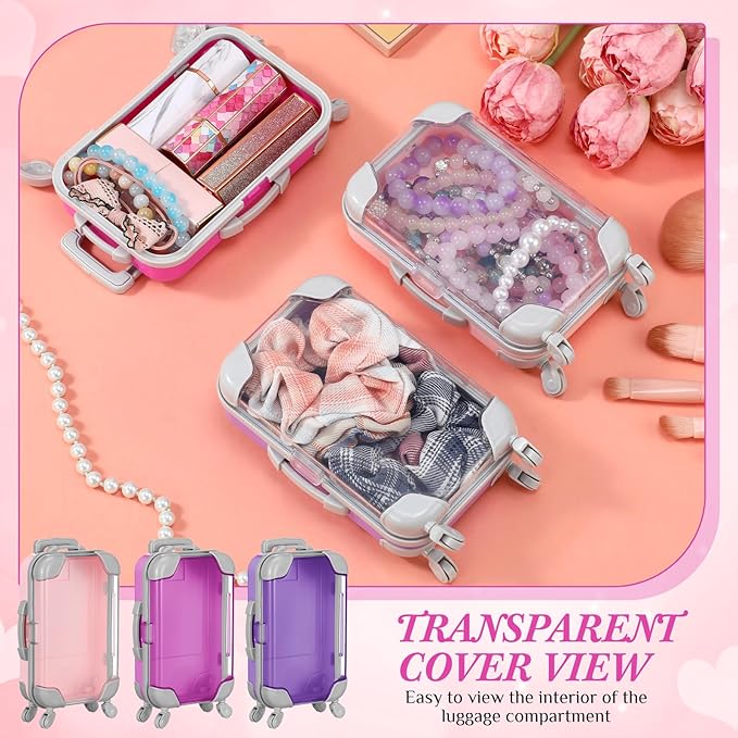 Honeydak 3 Pcs Mini Plastic Suitcase False Eyelashes Tray Luggage Trolley Candy Box Clear Suitcase Packaging Case Party Favor Box for Jewelry Cosmetic Hairpins Storage(Romantic,4.7 x 2.8 x 1.3 Inch)
