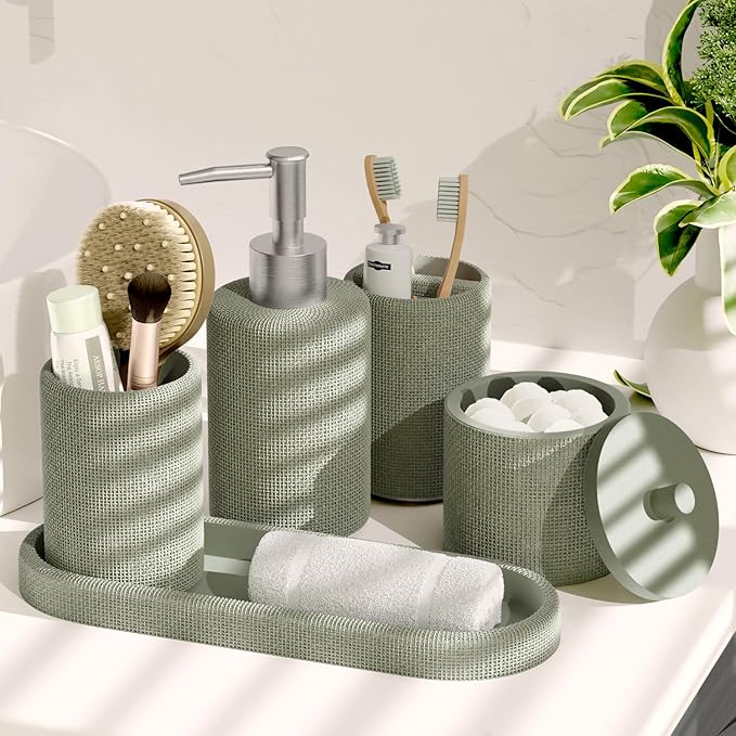 Clara Clark Sage Green Bathroom Set - Bathroom Accessories Set, 24PC Bathroom Accessory Set, Bathroom Sets with Shower Curtain Set, Adhesive Corner Shower Caddy Hanging & Soap Dispenser
