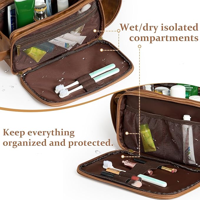Janhavi Large Mens Travel Bag Toiletry, Gifts for Husband, Waterproof PU Leather Engraved Initials & Mountain, Makeup Organizer, Foldie Travel Bag Expandable, Men's Accessories Organizer(Brown G)