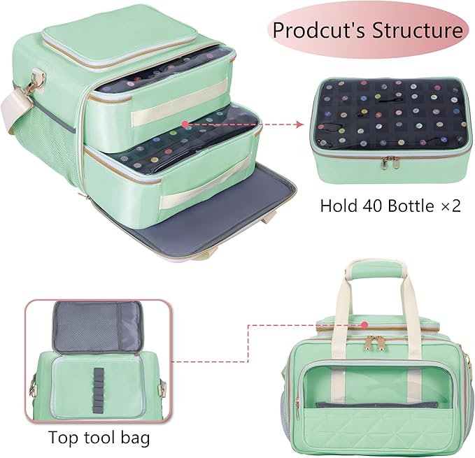 Nail Polish Organizer Holds 80 Bottles, with Two Removable Case, Portable Travel Nail Kit Storage Bag for Manicurist, Nail Art Enthusiasts,Green
