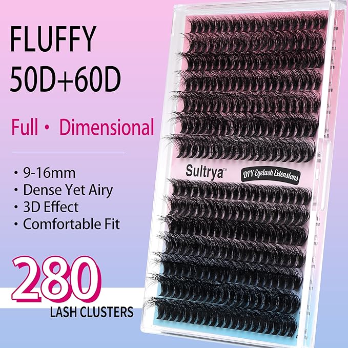 50D+60D Kit 280pcs Fluffy DIY Eyelash Extensions Cluster Lashes False Eyelashes Faux Mink Multi-Layer Soft Lash Clusters Natural Dramatic Volume with Bond Seal Tweezers (9–16mm, 50D+60D KIT)