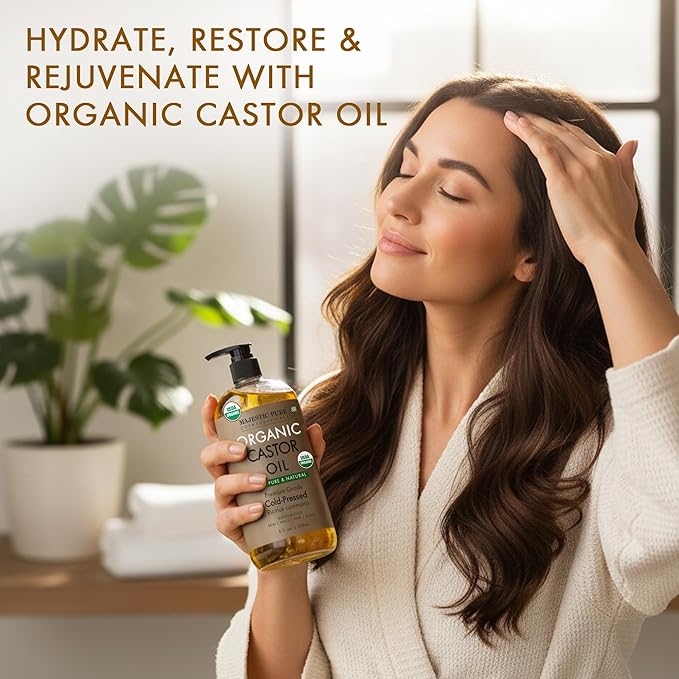 Majestic Pure USDA Organic Castor Oil 8 Fl Oz - 100% Pure and Natural- Cold Pressed & Hexane Free Natural Hair Growth Oil for Eyelashes, Eyebrows, Skin, Body, Face, Nails & Scalp