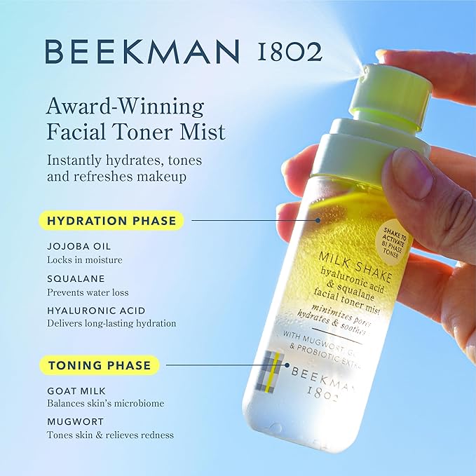 Beekman 1802 Milk Shake Hydrating Face Mist – Setting Spray & Milky Toner with Hyaluronic Acid & Squalane – Facial Toner & Face Spray – Lightweight Hydration, Minimizes Pores, Travel Size