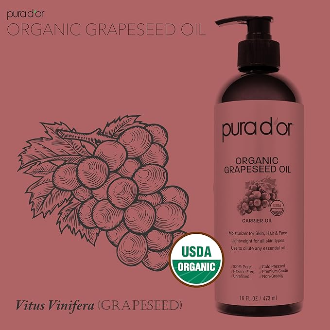 PURA D'OR 16 Oz Organic Grapeseed Oil-100% Pure&Natural USDA Certified Cold Pressed Carrier Oil-Light&Silky,Unscented,Hexane Free Liquid Moisturizer-Face Skin-&Hair-Men-&Women,(Pack of 2)