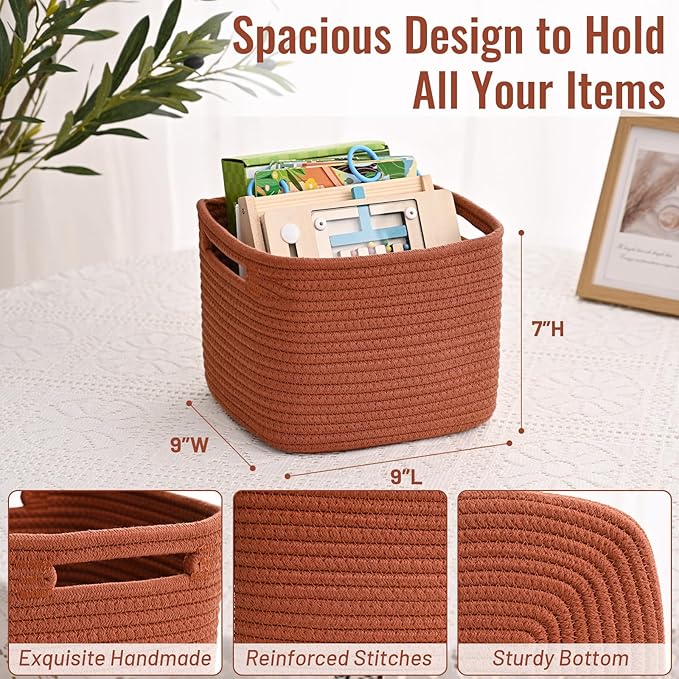 3 Pack Cube Storage Bin, 9”x9”x7” Cotton Rope Woven Baskets for Organizing Toys Clothes Towels, Square Gift Storage Baskets for Shelf, Nursery, Closet, Bathroom, Pantry (Red)