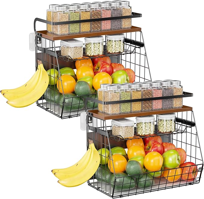 Delamu Magnetic Shelf for Fridge with Wood Lid, 3 Tier Pull Out Fruit Basket, Magnetic Spice Rack Organizer for Refrigerator, Cabinet, Kitchen Counter, Laundry (2 Pack)