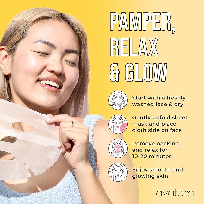 Avatara Bee My Honey Facial Mask 5 Sheets, Hydrating Sheet Masks with Honey and Sugar Cane Extract, Face Mask Skincare Beauty Essential for Moisturizing Skin, Minimize Pores, All Skin Types, 5 Pack