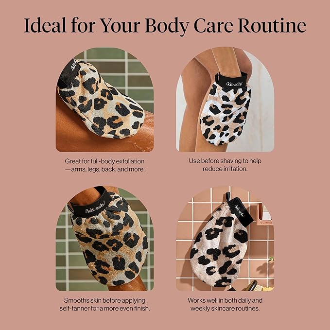 Kitsch Exfoliating Glove 1pc – Korean Exfoliating Mitt & Deep Exfoliating Body Scrubber for Shower, Bath | Body Exfoliator Glove, Dead Skin Remover | Skin Care for Smooth Skin - Leopard
