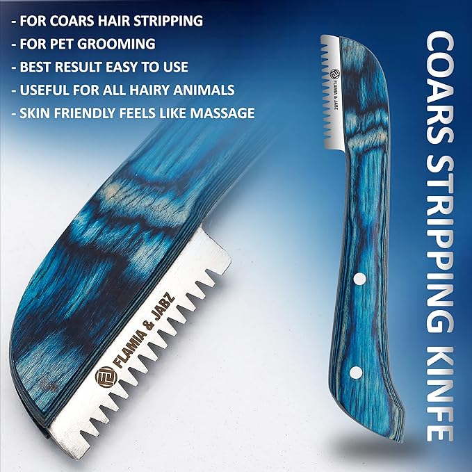 FLAMIA & JABZ FJ Professional Stripping Knife kit (6 pieces set) for Dogs & Pets, Wooden Handle Grip with Stainless Steel Blade (Right handed) (Blue)