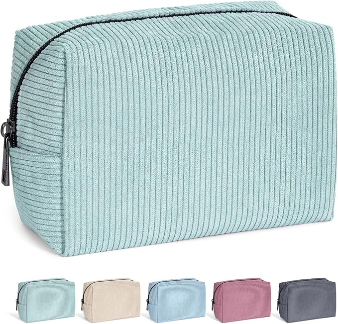 MAANGE Small Makeup Bag For Purse, Travel Cosmetic Bag Makeup Pouch Corduroy Portable Versatile Zipper Pouch For Women (GREEN)