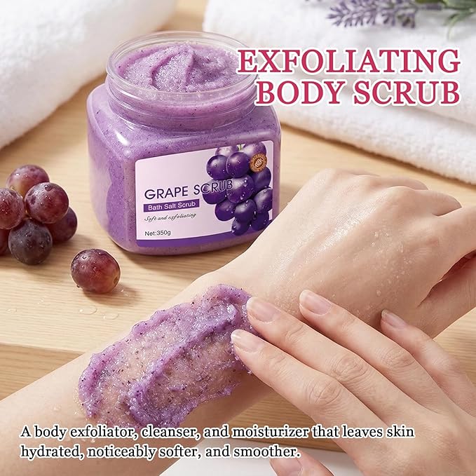 Grape Body Exfoliator, Deep Cleaning Exfoliating Body Scrub, Moisturizing Nourishing Salt Rose Body Scrub, 350 g