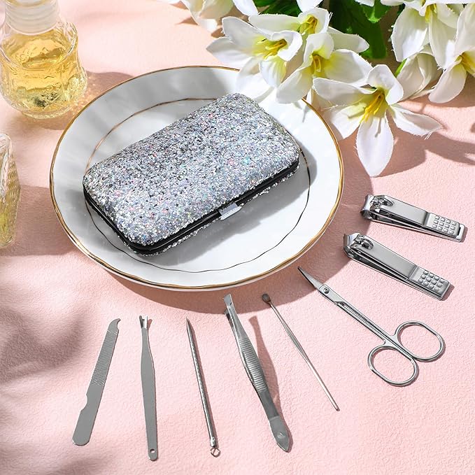 Geosar 12 Set 8 in 1 Manicure Set Stainless Steel Nail Clippers Kit Pedicure Care Tools with Leather Case Travel Grooming Kit Gift for Women Men Gift(Glitter Silver)
