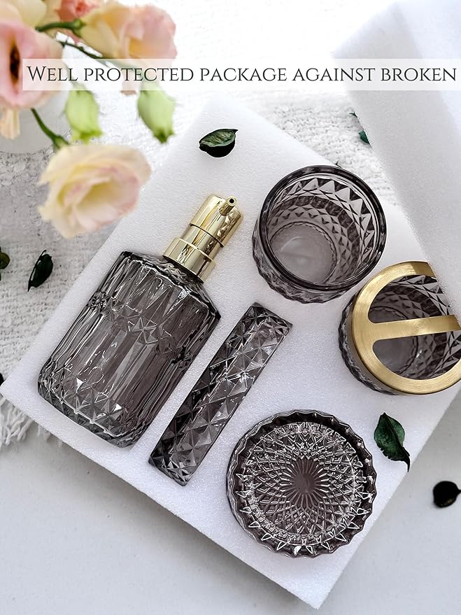Gray Bathroom Accessories Set, 5Pcs Clear Glass Bathroom Sets, Soap Dispenser, Soap Dish, Toothbrush Holder Set, Cotton Swab Jar, Black and Gold Accent for Vintage Bathroom Decor, Gift Set