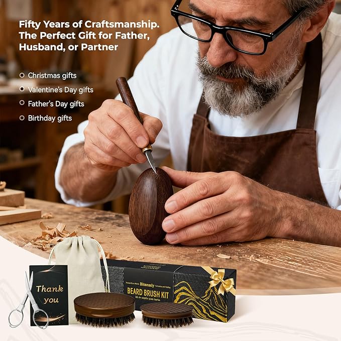 Beard Brush for Men, Travel Pocket Mustache Brushes Grooming Kit with Natural Boar Bristle and Sapele Wood, Folding Scissors & Pouch, Facial Hair Brush Detangles & Shine, Stocking Stuffers