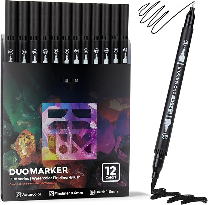 Black Duo Tip Marker Pens, 12 Pack Fine & Brush Markers for Adult Coloring Books No Bleeding, Jet Black Markers for Outlining, Sketching, Japanese Manga, Calligraphy and Graphic Novels