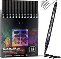 Black Duo Tip Marker Pens, 12 Pack Fine & Brush Markers for Adult Coloring Books No Bleeding, Jet Black Markers for Outlining, Sketching, Japanese Manga, Calligraphy and Graphic Novels