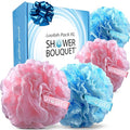 SHOWER BOUQUET Blue+Pink-Loofah-Bath-Sponge Lace-Mesh-Set // 2-Scrubs-in-1 // Large 60g Pouf 4-Pack Body Luffa Loofa Loufa Puff - Exfoliate, Cleanse Skin with Luxurious Bathing Accessories