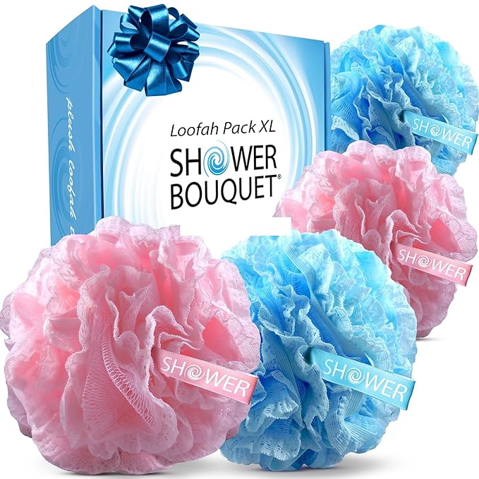 SHOWER BOUQUET Blue+Pink-Loofah-Bath-Sponge Lace-Mesh-Set // 2-Scrubs-in-1 // Large 60g Pouf 4-Pack Body Luffa Loofa Loufa Puff - Exfoliate, Cleanse Skin with Luxurious Bathing Accessories