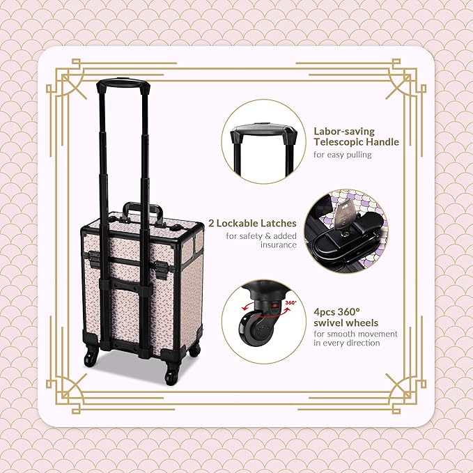 BYOOTIQUE Rolling Makeup Train Case on Wheels 3-Piece Hairdressing Brush Bags Cosmetology Art Deco Tyrian