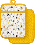 Slohif Silcone Daisy Bee Pot Holders for Kitchen - 100% Cotton Yellow Cute Oven Potholders with Pockets, Heat Resistant Square Thick Hot Pads, House New Home Baking Baker Gifts,2pack