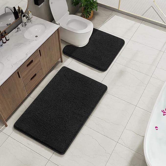 AROGAN Bathroom Rug Sets 2 Piece, 20"x20" U-Shaped Toilet Mat and 21"×34" Floor Bath Mats, Machine Washable Bath Rug Set, Absorbent and Dry Quickly, Soft Non Slip Bathroom Rug Set, Black