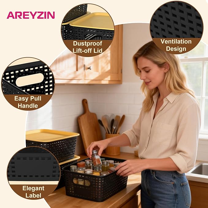 AREYZIN Plastic Storage Bins with Lid,Stackable Storage Bins and Storage Baskets for Shelves,Small Baskets for Organizing, Small Storage Bins,10.2x7.2x4.1 Inch,6-Pack, Black