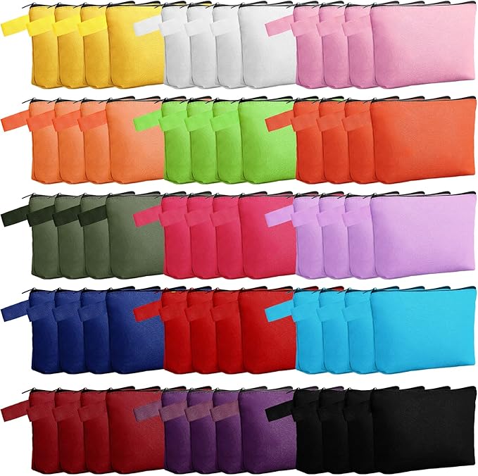 Reginary 60 Pcs Multicolor 60 Pieces Canvas Makeup Bags Bulk Portable Travel Cosmetic Pouch Multipurpose Blank Toiletry Bag with Zipper for Women DIY Craft (8.6 x 5 x 2 Inch)