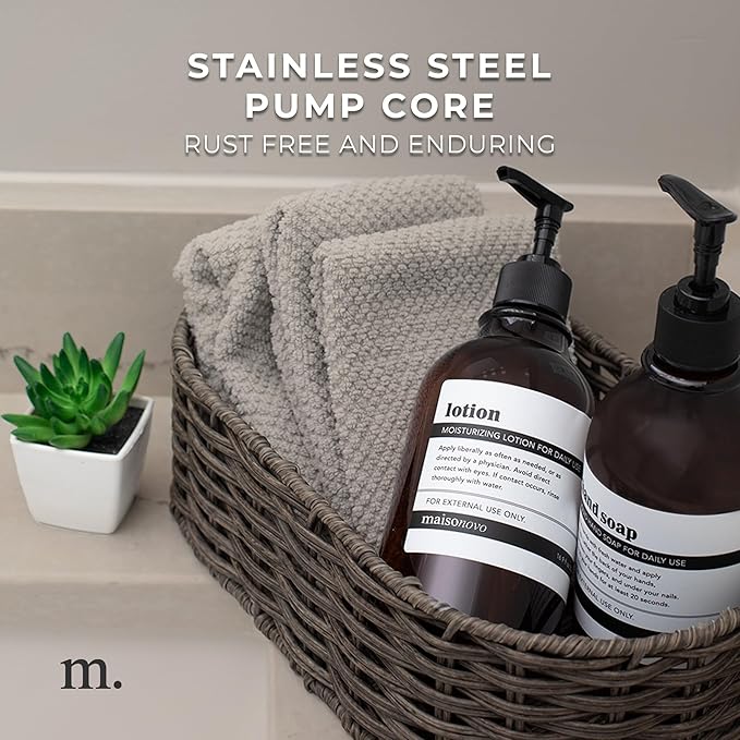 MaisoNovo Refillable Shampoo and Conditioner Bottles - 16.9 fl oz Set of 3 Amber Plastic Bottles Black Pumps