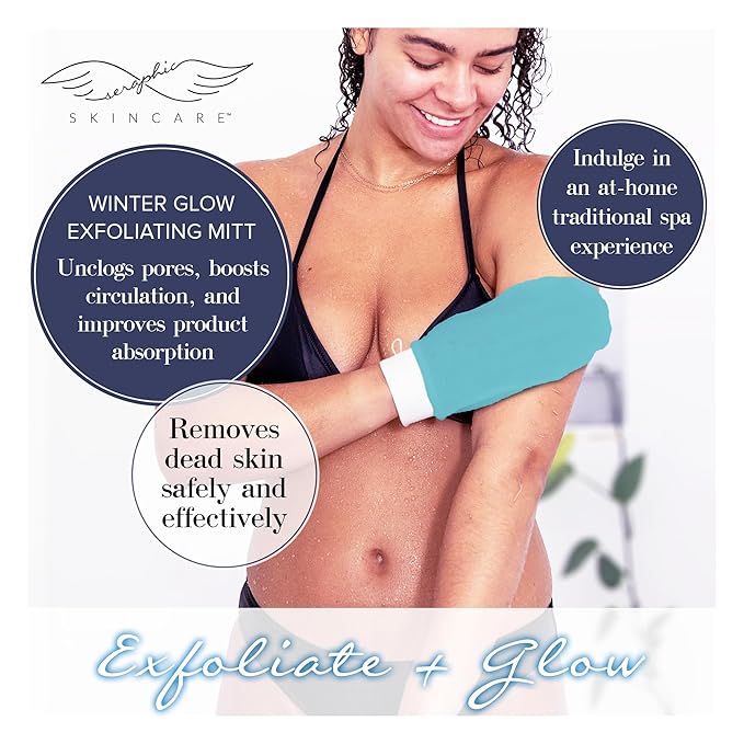 Seraphic Skincare Winter Glow Premium Exfoliating Mitt for Body 1pc – Exfoliating Glove & Body Scrubber for Shower Use, Deep Body Exfoliation, Dead Skin Removal & Self Tanner & Self Tanner Washcloth