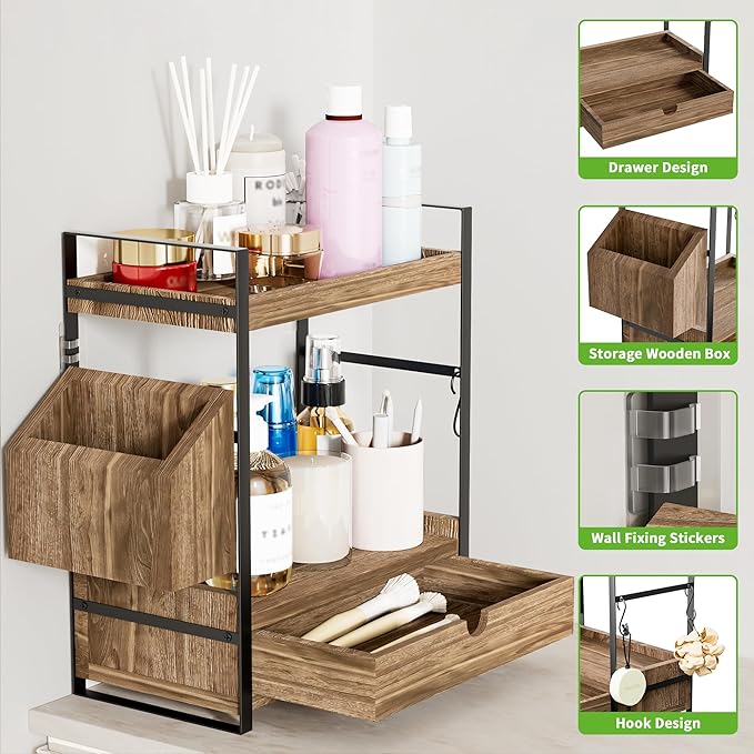 Kottwca Bathroom Counter Organizer with Drawer, 2-Tier Wood Countertop Organizer for Storage, Vanity Skincare Organizers, Bathroom Sink Shelf for Organization(Dark Brown)