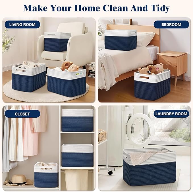 Storage Baskets for Organizing, 4 Pack Baskets for Shelves, Decorative Storage Bins for Shelves, Cotton Rope Storage Basket with Handles, Woven Basket for Storage, 13''Lx8.7''Wx7.9''H, White & Blue