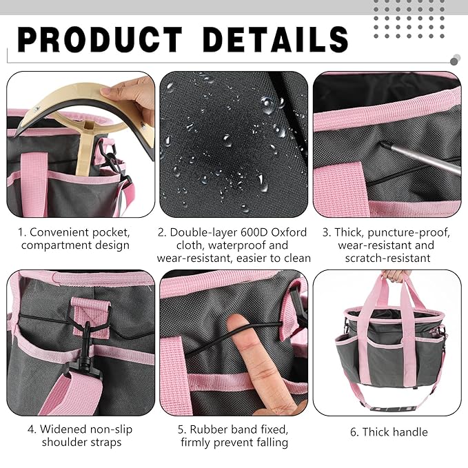 Abbylike Grooming Tote Bag for Horses and Dogs Organize Tack Tools Equestrian Grooming Kit Care Portable with Multiple Pockets for Supplies(Stylish,10.63 x 10.63 x 9.45 Inch,Grey and Pink)