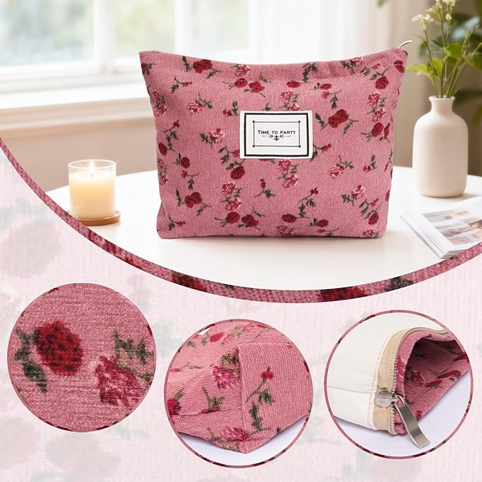 1pcs Floral Makeup Bag for Women Travel Cosmetic Pouch Toiletry Organizer for Skincare Brushes and Daily Essentials 8.27x7.28x1.97 inch(Flower-1, Rose)