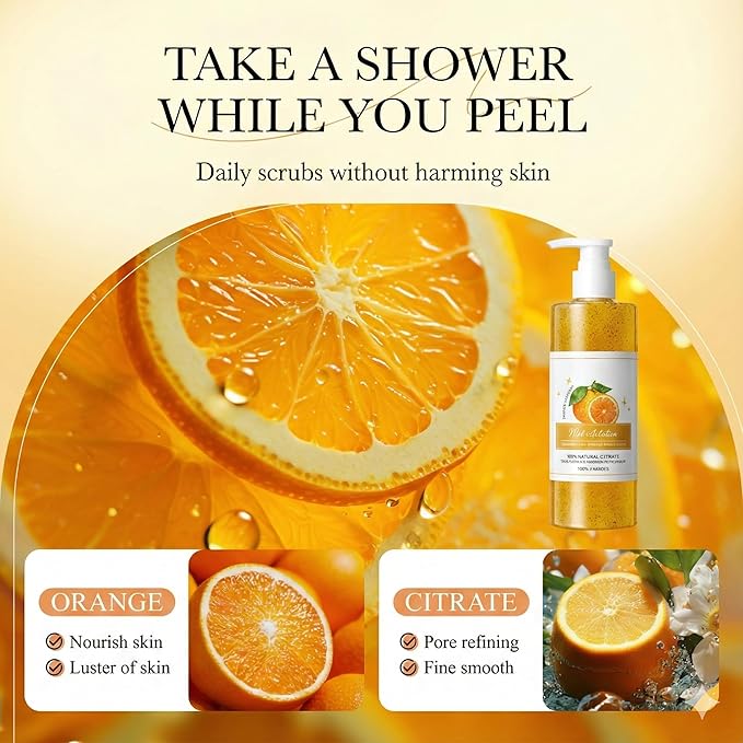 Orange Exfoliating Body Wash - [300ml] Vitamin C Brightening Shower Gel with Natural Scrub - Citrus Scented Mild Body Scrub for Glowing Skin & Roughness - Refreshing Daily Cleanser