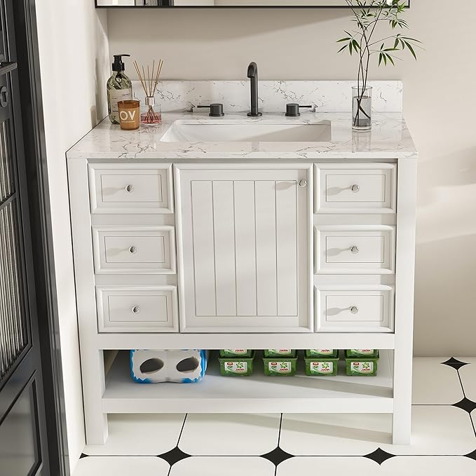 Montary 36" Bathroom Vanity with 37" Artificial Marble Carrara White Top, Modern Stylish MDF Bathroom Storage Cabinet, Freestanding Vanity Set with One Cabinet & 3 Drawers, White (Three Holes)