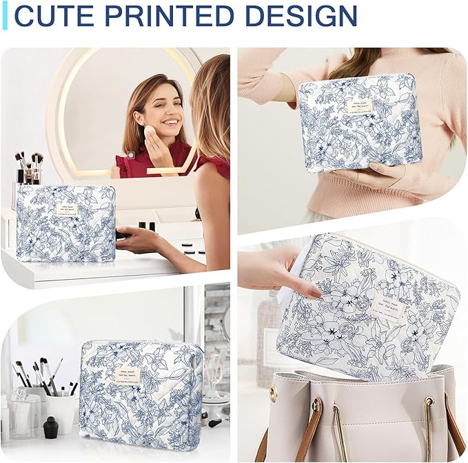 Floral Makeup Bag, Small Cosmetic Bag for Women Girls, Cute Cotton Makeup Bag, Quilted Makeup Bags, Flower Travel Toiletry Organizer Bag(Navy Blue)