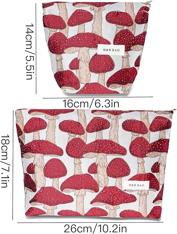 2 Pcs Makeup Bags for Purse, Large Cute Cosmetic Bag Travel Toiletry Bag Organizer for Women, Embroidery Craft Mushroom Makeup Bag Small Cosmetic Pouch Purse with Zipper (Red Mushroom)