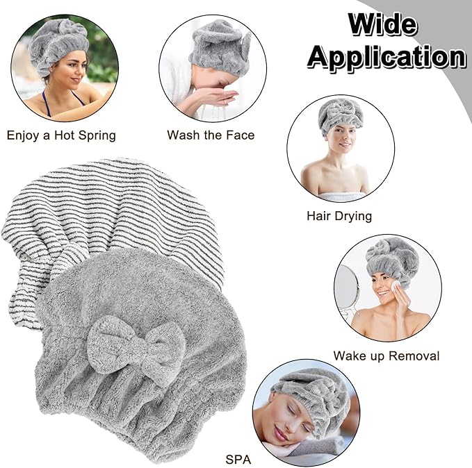2 Pack Microfiber Hair Towel Cap, Quick Drying Cap Soft Absorbent Towel and 2 Combs for Curly Long Thick Dry or Wet Hair (Stripe and Gray)