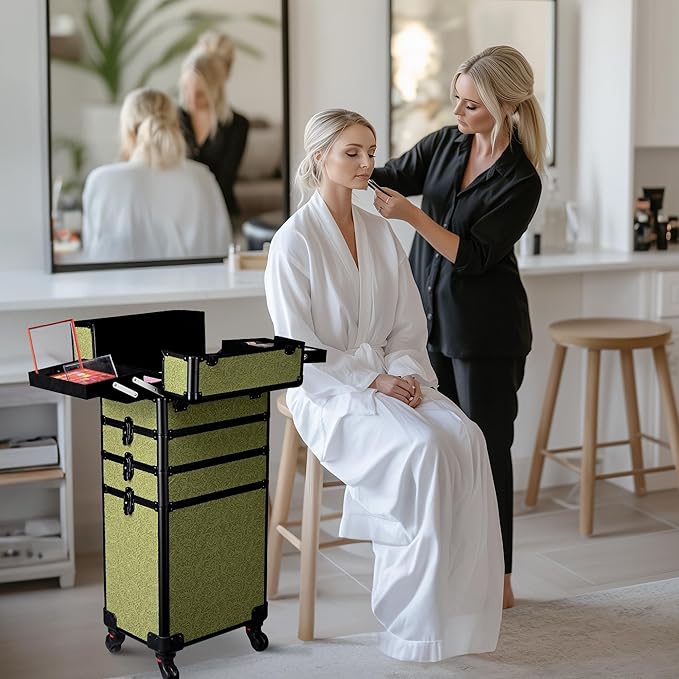 BYOOTIQUE Cosmetology Cases on Wheels Rolling Makeup Organizer Cart 3-Piece Professional Nail Tech Storage Kit for Nail Artist Barber Salon Hairstylist,Rococo Moss